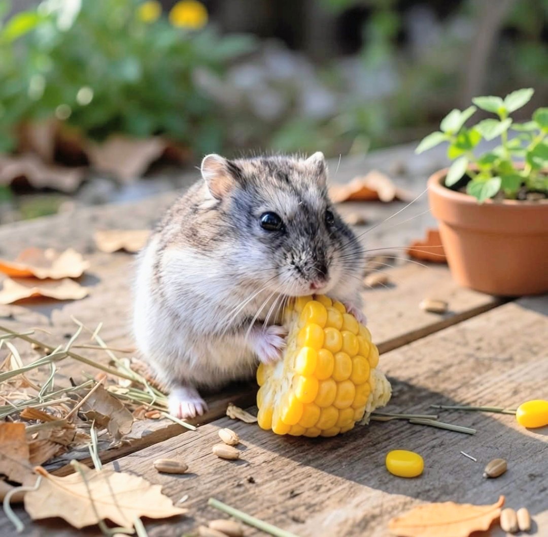 Small hamster eating a piece of corn on a wooden surface near dry leaves and a flower pot
