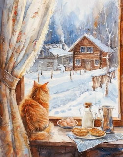 Ginger cat on a windowsill with breakfast, looking out at a snowy cottage scene