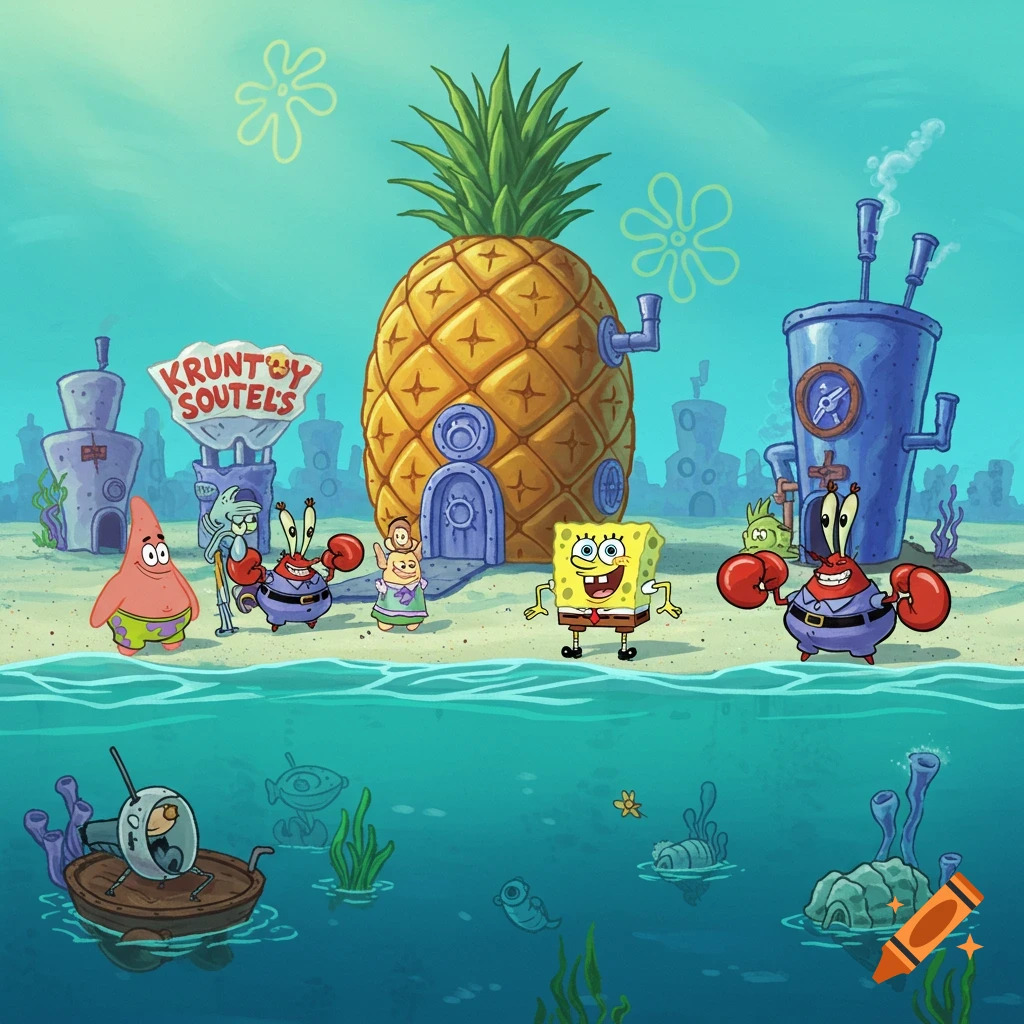 SpongeBob characters outside the pineapple house in Bikini Bottom underwater