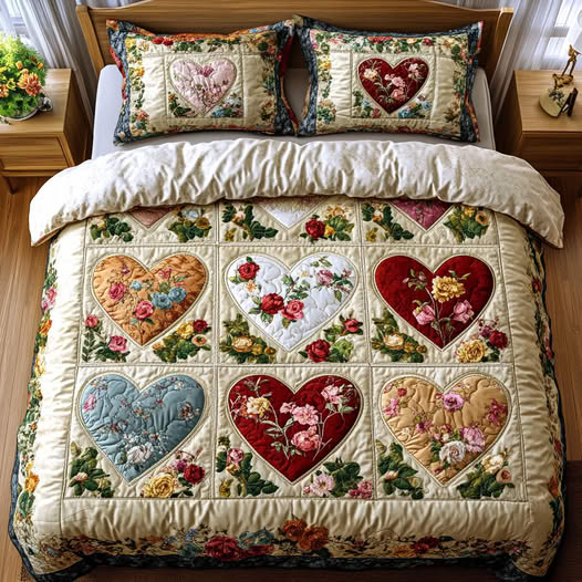 Vintage patchwork quilt with heart designs on bed in rustic bedroom