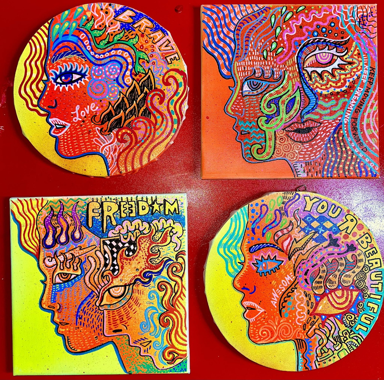 Four colorful profile portraits with psychedelic patterns and swirls in pop art style