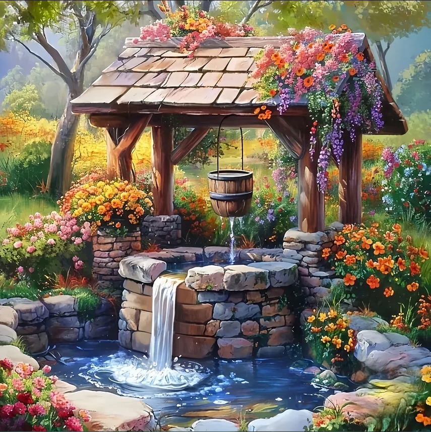 Stone wishing well with wooden shingled roof, bucket, waterfall, and abundant colorful flowers in lush garden