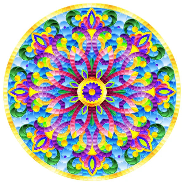 Colorful circular mandala with intricate symmetrical floral patterns in bright rainbow hues