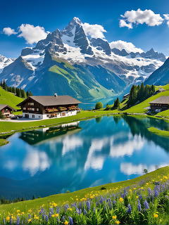 Swiss alpine landscape with snow-capped mountains, a reflective lake, wooden chalet, and green meadows