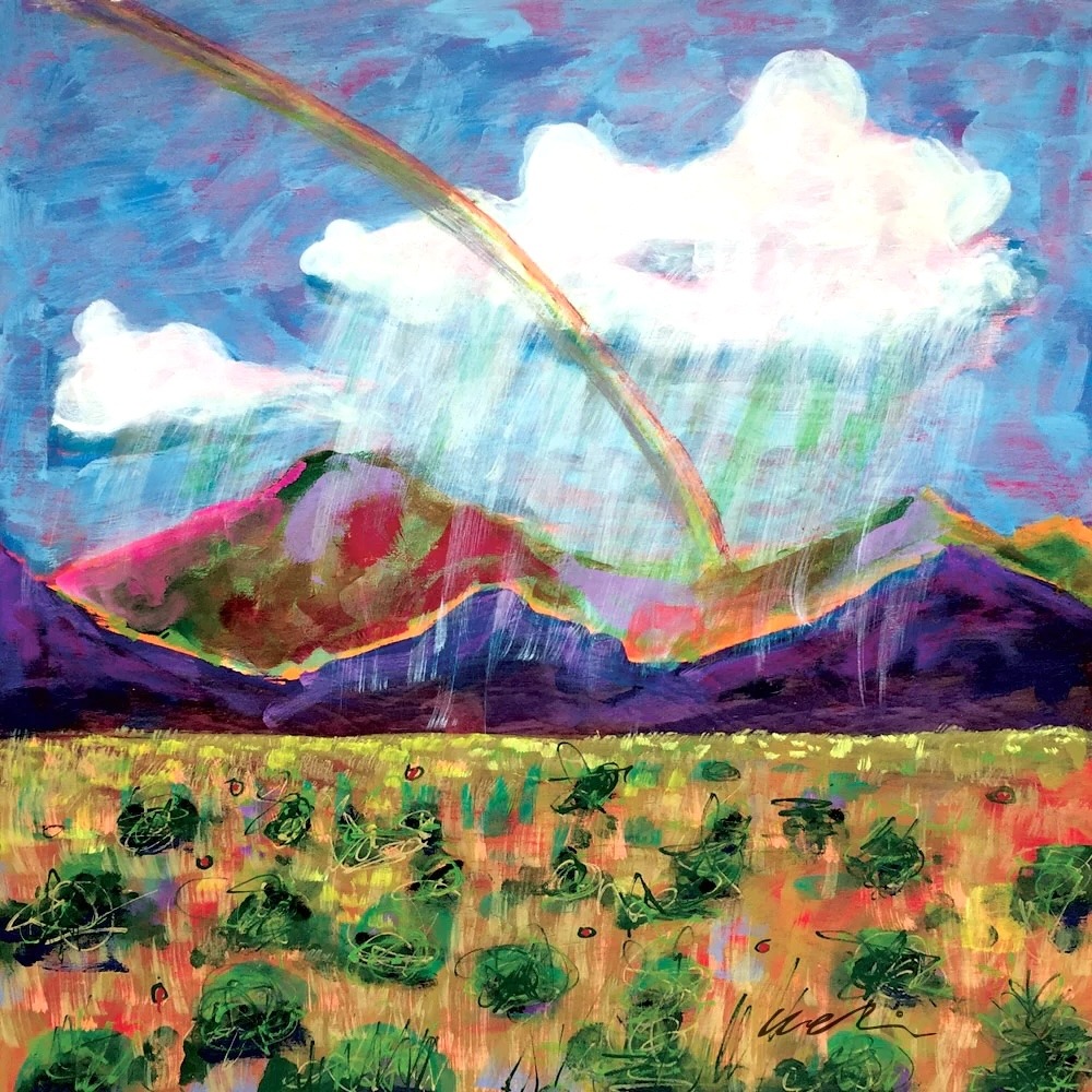 Colorful painting of rainbow over mesa with rain, desert plants, and mountains
