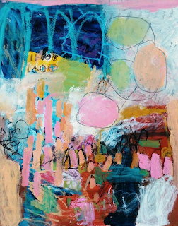 Abstract painting with bright blue arches, pink circles, and colorful expressive brushwork in mixed media style