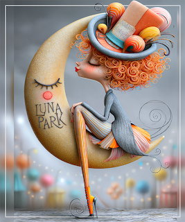 3D rendered girl with orange curls sitting on golden crescent moon holding orange and blue spheres