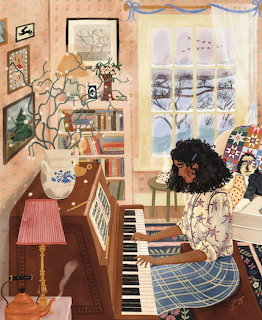 Illustration of woman with dark hair playing piano in cozy room with china cabinet and window