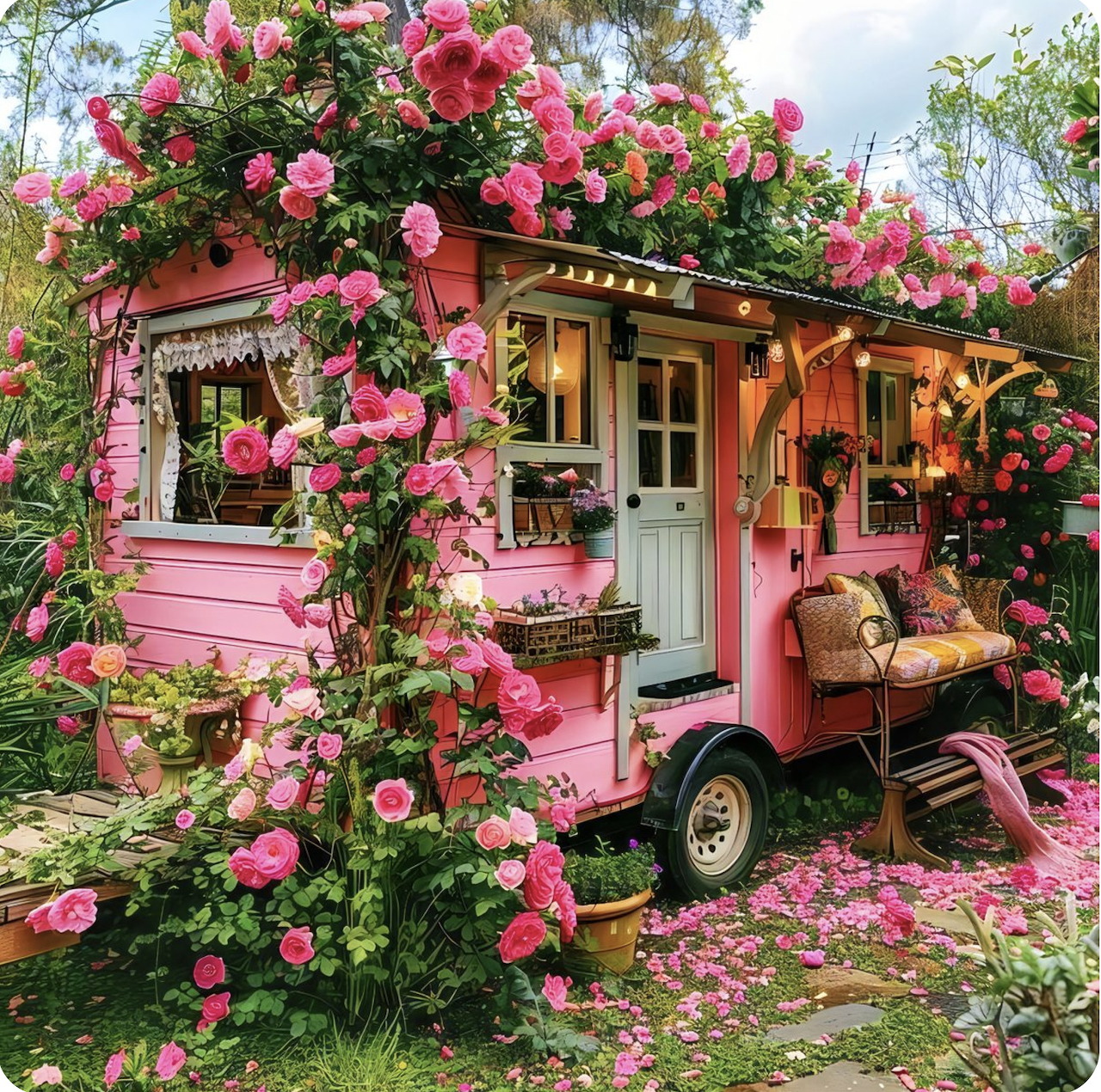 Pink vintage caravan decorated with abundant climbing pink roses and green vines in a garden setting