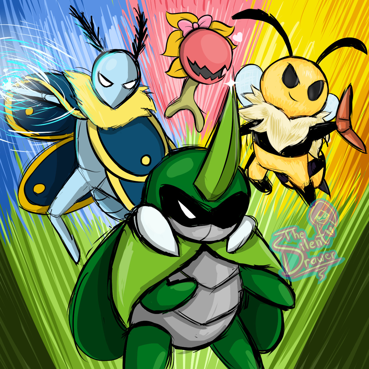 Three cartoon-like insect characters on a bright multicolored background