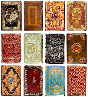 Grid of twelve ornate vintage book covers with elaborate gold embossed designs and colorful leather bindings