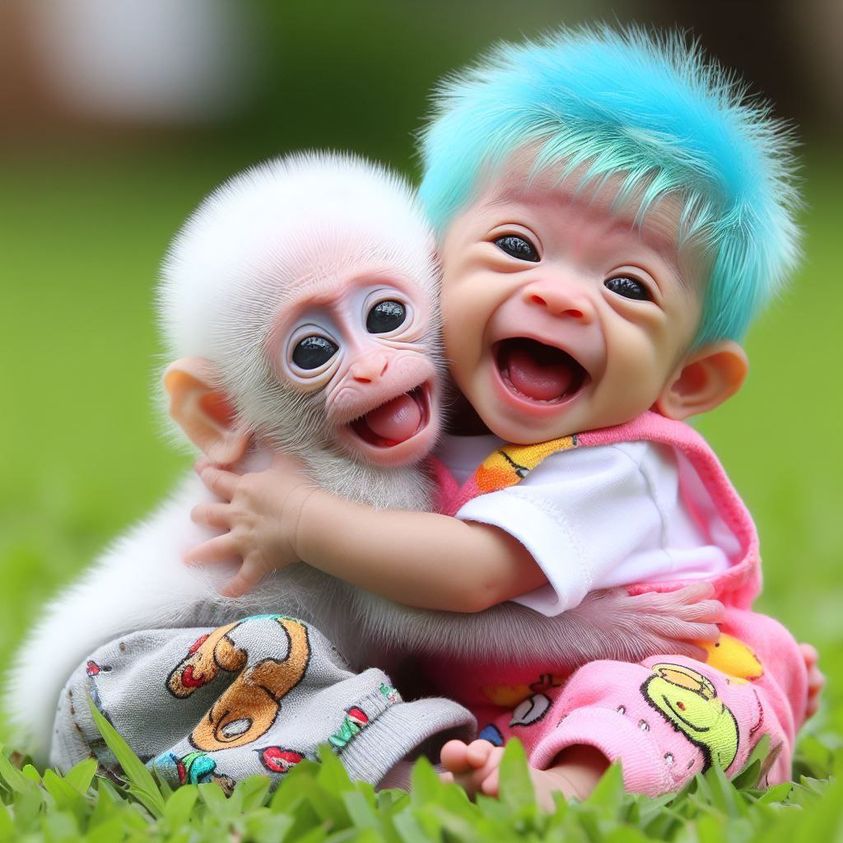 Smiling baby with blue hair hugging white plush monkey toy on grass