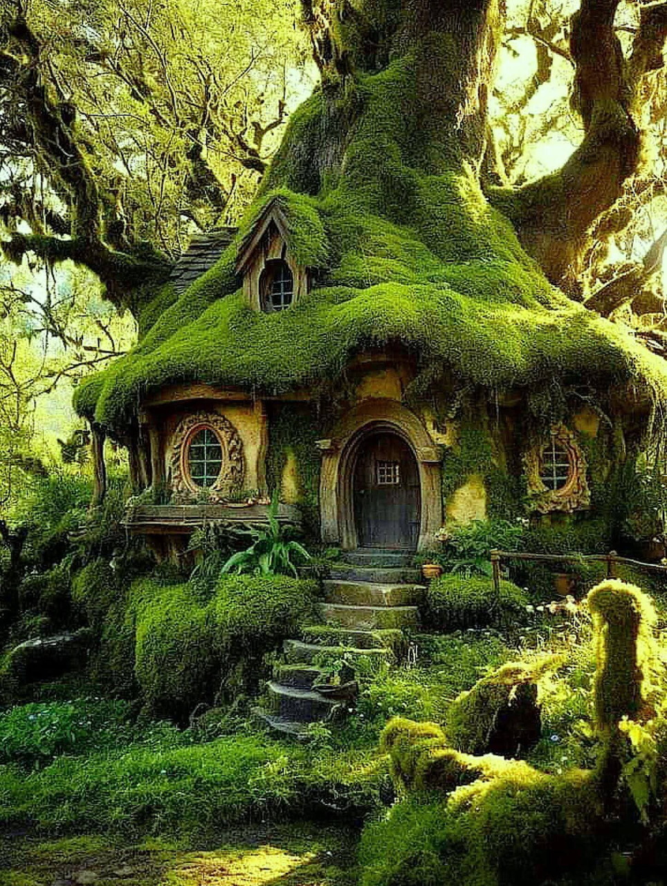 Moss-covered fairy cottage beneath a giant tree in a lush green forest