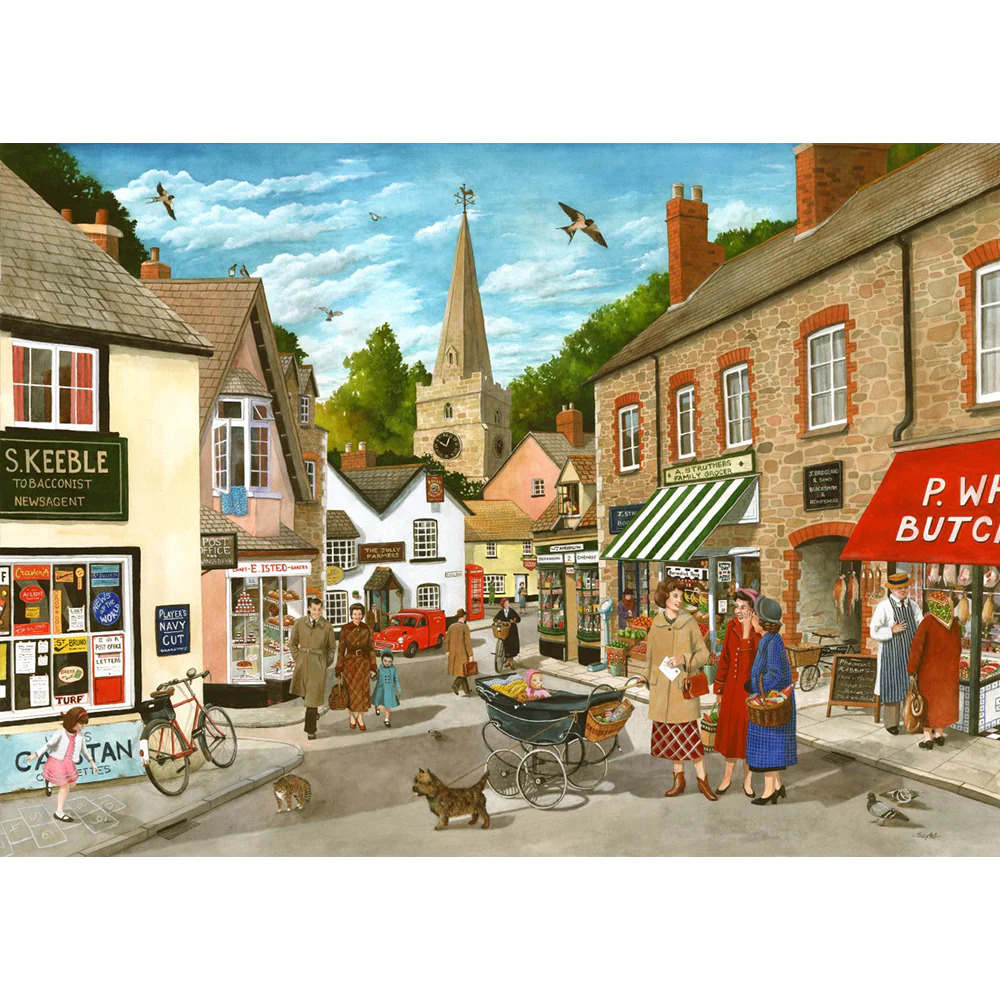 Painting of a village street with shops, people, cats, and a church spire
