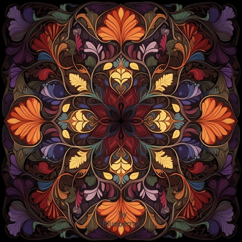 Symmetrical floral mandala with orange flowers, purple leaves, and gold ornamental details on dark background