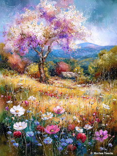 Impressionist painting of blooming tree over wildflower meadow with mountains