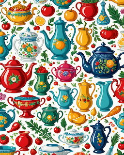 Repeating pattern of colorful decorative teapots and tea vessels with floral motifs