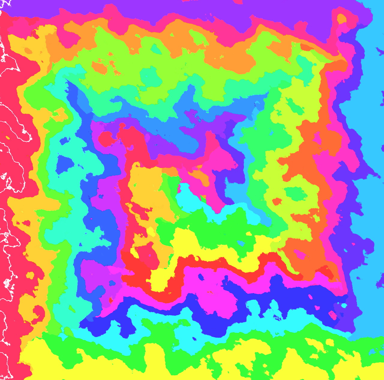 Abstract colorful pattern with irregular wavy shapes in rainbow neon colors resembling a heat map