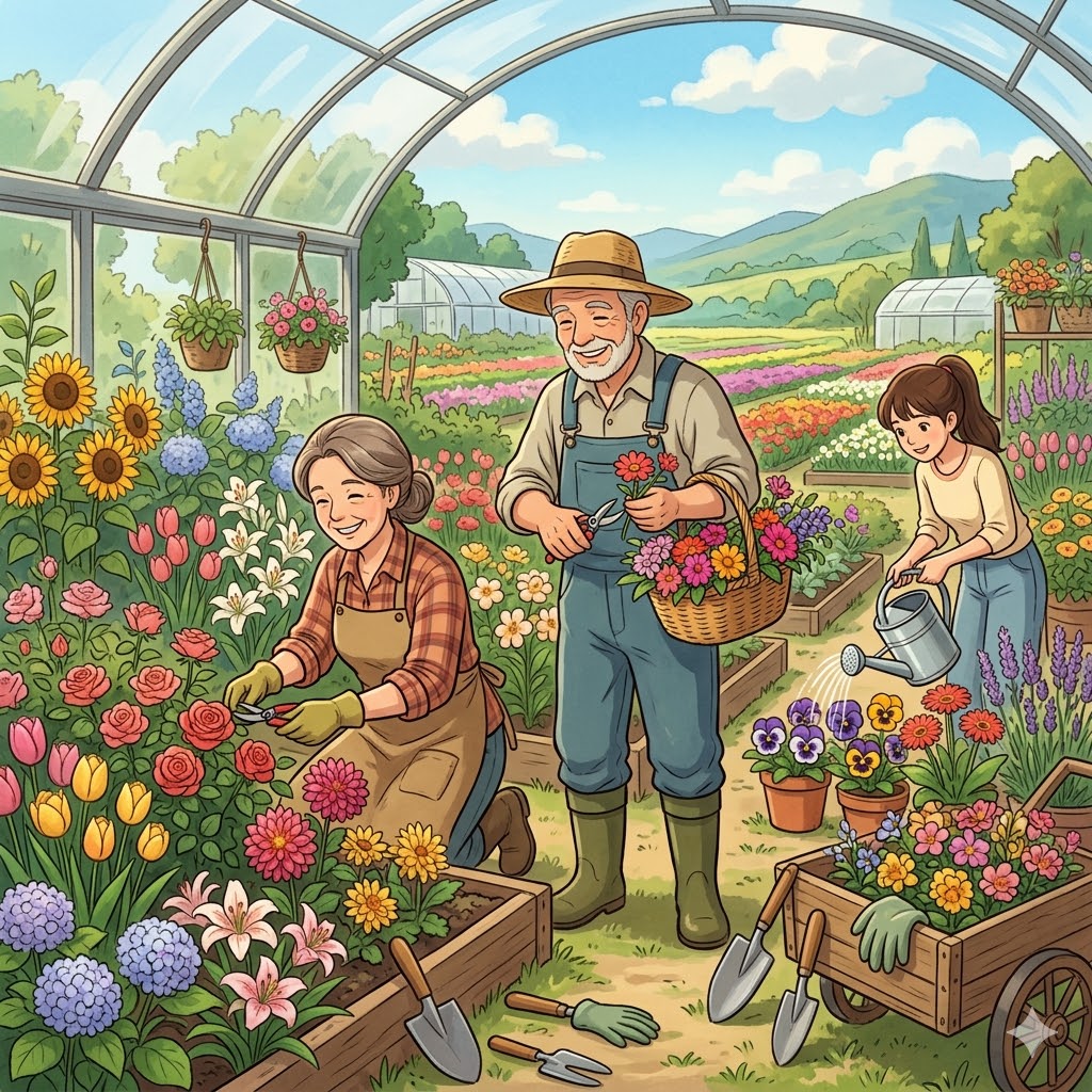 Gardeners working in a bright greenhouse filled with colorful flowers and plants