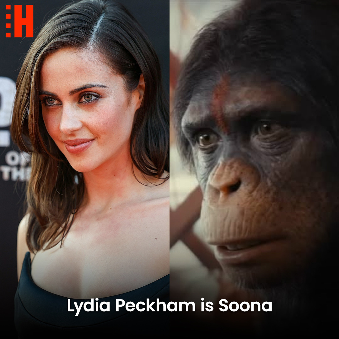 Side-by-side image of a woman and an ape-like character with Lydia Peckham is Soona text