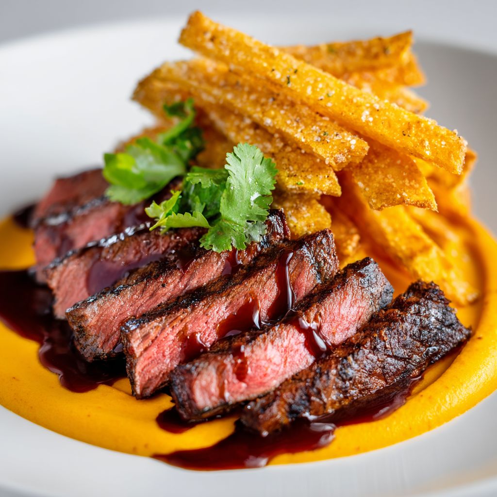Sliced medium-rare steak with red wine sauce, polenta fries, and cilantro garnish on a white plate
