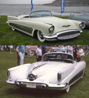 Two-photo collage of a white 1951 Buick XP-300 concept car on grass at a car show