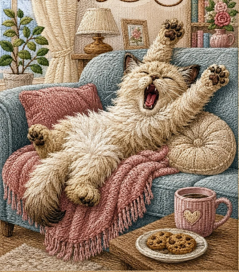 Fluffy cat yawning and stretching on a cozy sofa beside a table with cookies and a mug