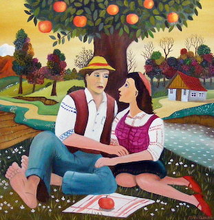 Naive style painting of a man and woman sitting under an apple tree in a pastoral landscape