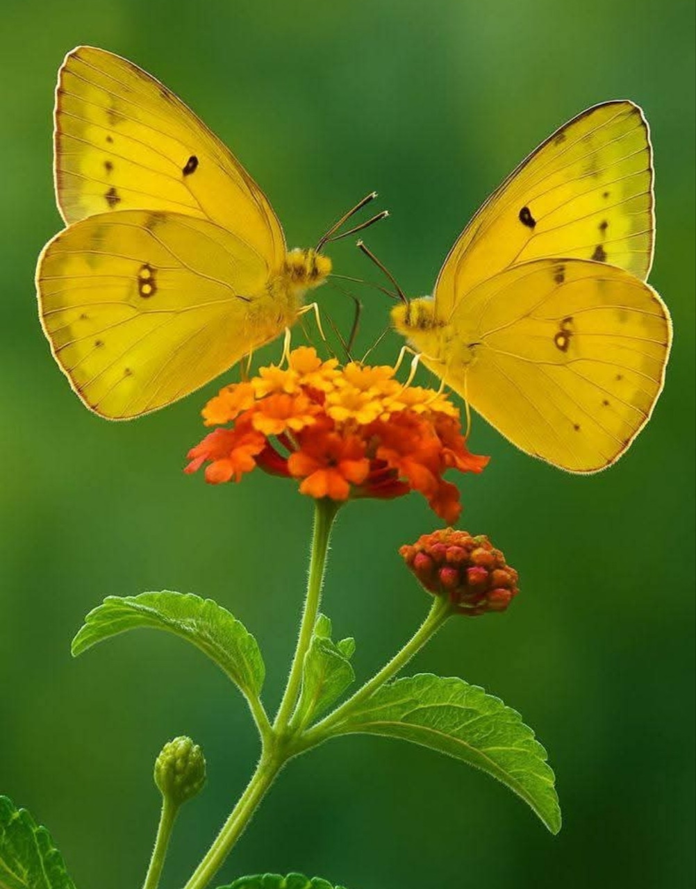 Two yellow butterflies resting on an orange lantana flower cluster with green background