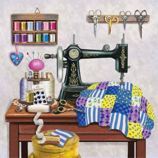 Watercolor painting of vintage sewing machine on wooden table with thread spools, patchwork quilt, and sewing supplies