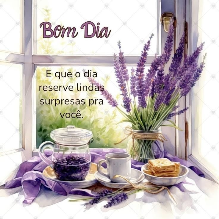 Watercolor illustration of lavender, tea, coffee, and toast on a sunny windowsill with Portuguese text