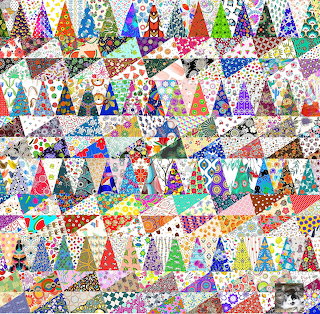 Colorful patchwork collage made of many patterned triangles in bright mixed designs