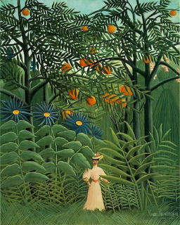 Painted jungle scene with dense green tropical foliage and plants.