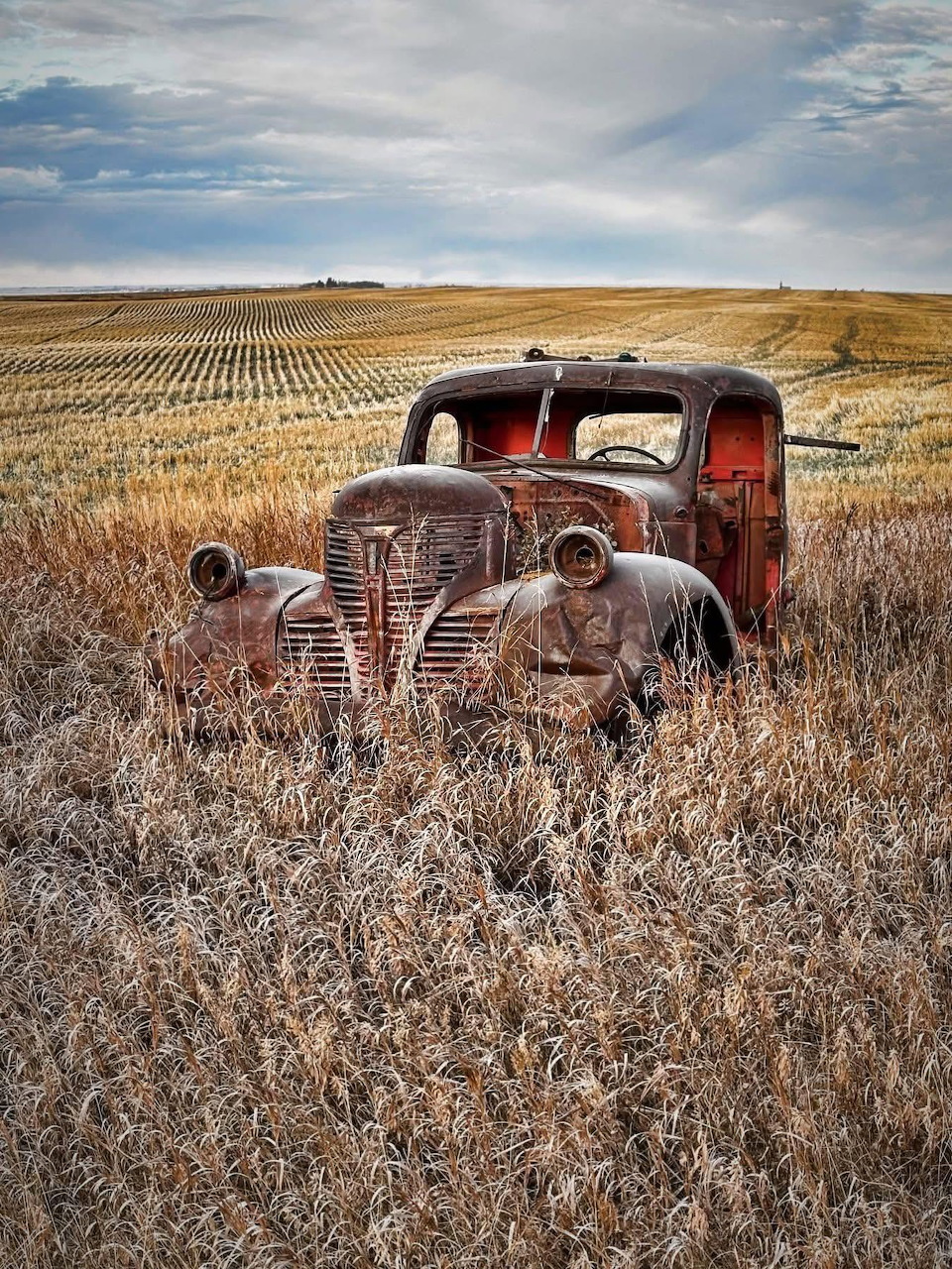 Old rusted red truck abandoned in dry wheat field under cloudy sky