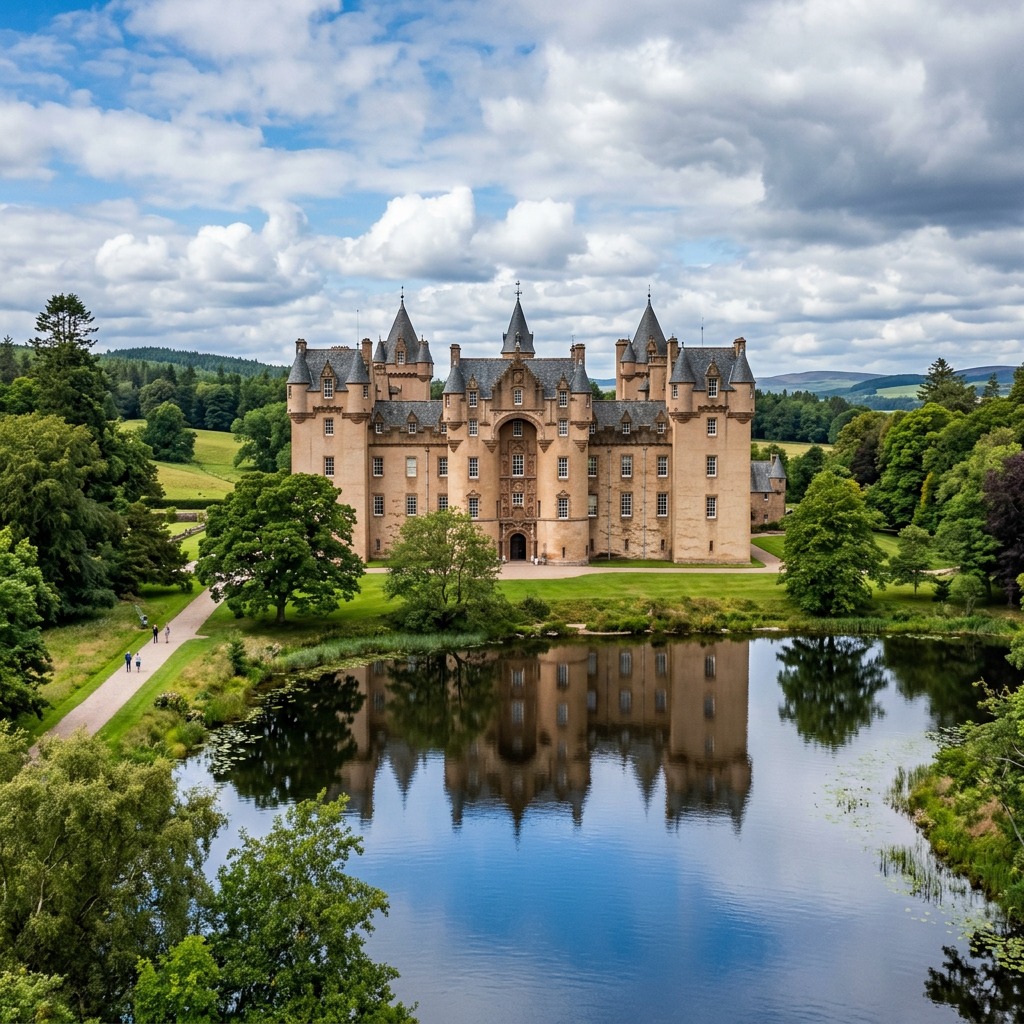Fyvie Castle reflected in a pond, surrounded by trees and green countryside under a cloudy sky