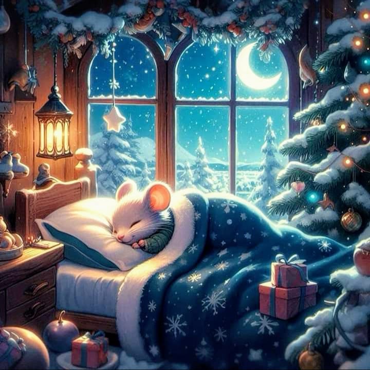 Illustrated cozy winter bedroom with a sleeping mouse, snowy window, lantern, and Christmas tree