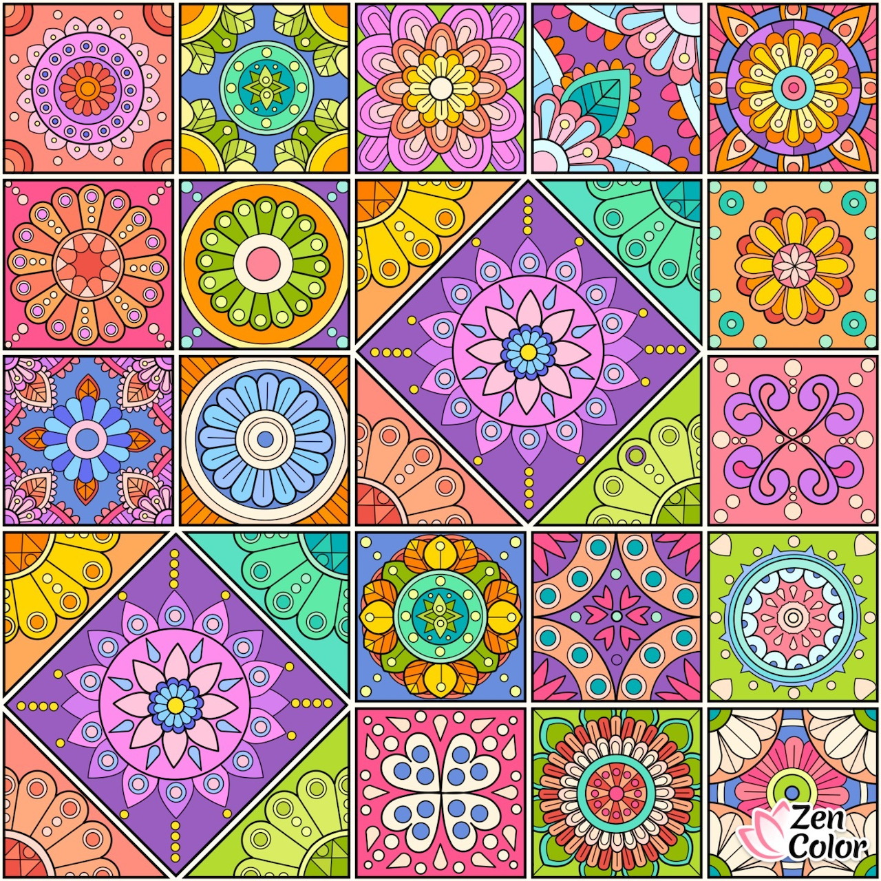 Colorful grid of mandala tiles with geometric floral patterns in pink, yellow, blue, orange, and green
