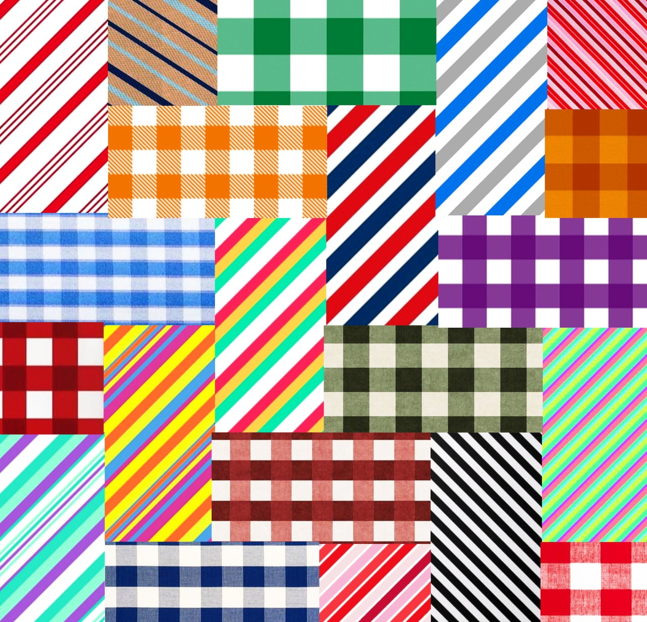 Colorful grid of 20 square pattern tiles with stripes, checks, and plaids in rainbow colors
