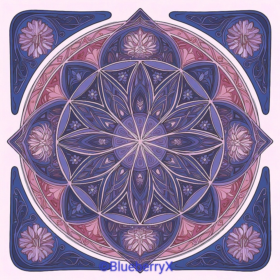 Symmetrical mandala with geometric star pattern in purple and pink tones with decorative floral borders