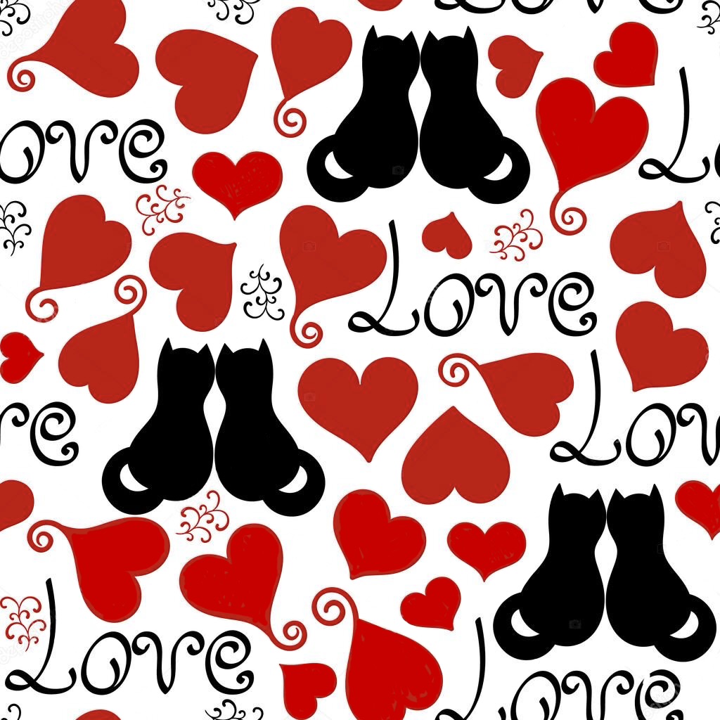 Repeating pattern with black cat silhouettes, red hearts, and cursive Love text on white background