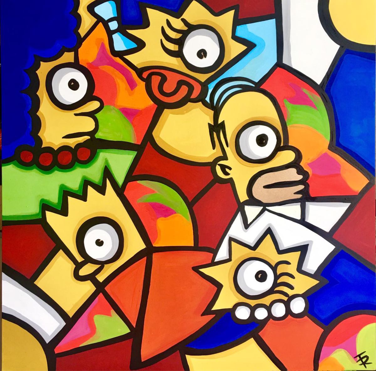 Abstract geometric art of The Simpsons characters in bold colorful fragmented shapes
