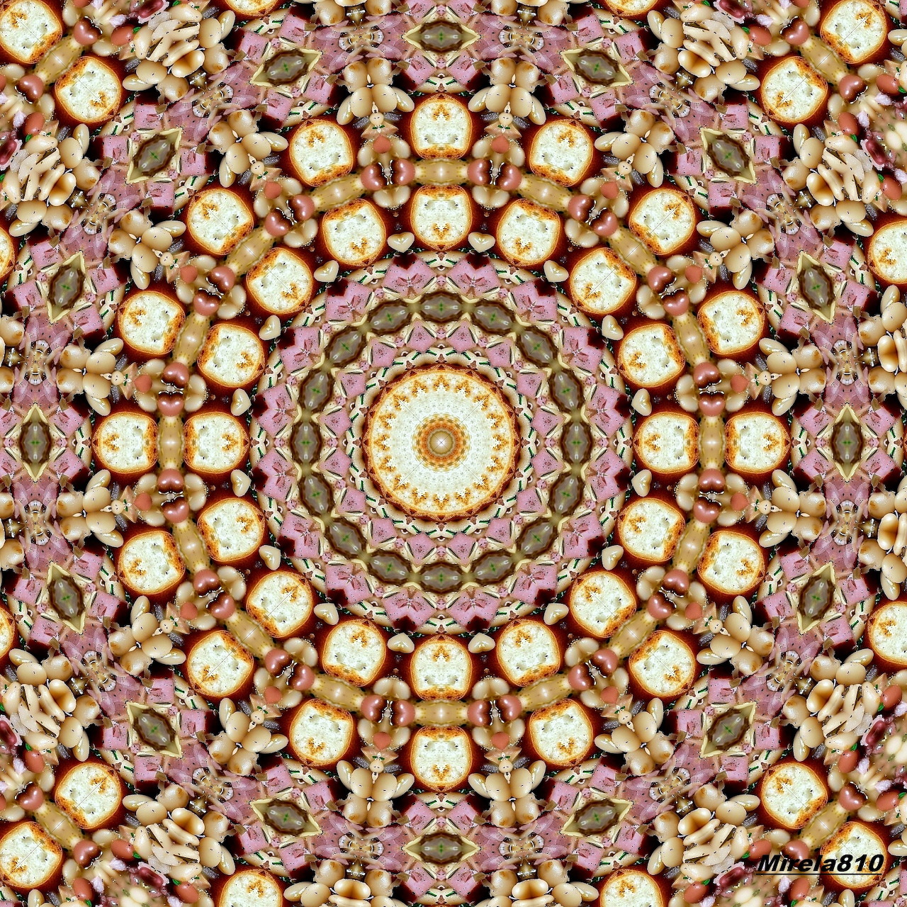 Circular mandala with intricate brown and gold geometric patterns radiating from center
