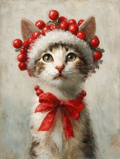 Painted tabby kitten wearing a fluffy Christmas hat with red berries and a red bow