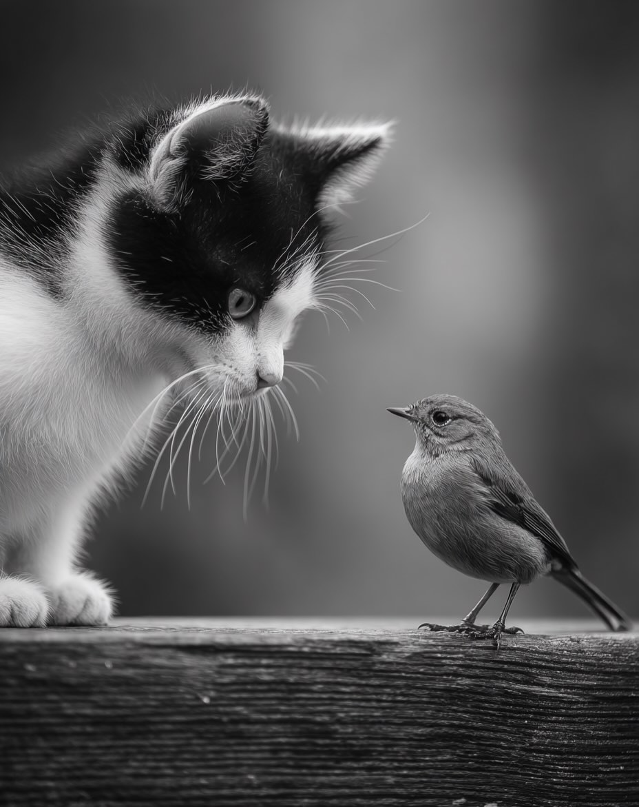Black-and-white cat and small bird facing each other on a wooden fence