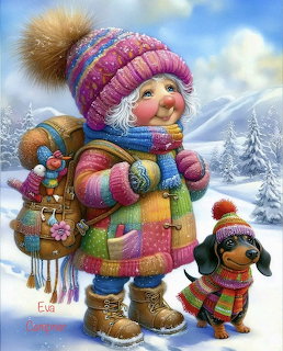 Cheerful woman in colorful knit hat and scarf with small dachshund in matching winter outfit in snowy scene