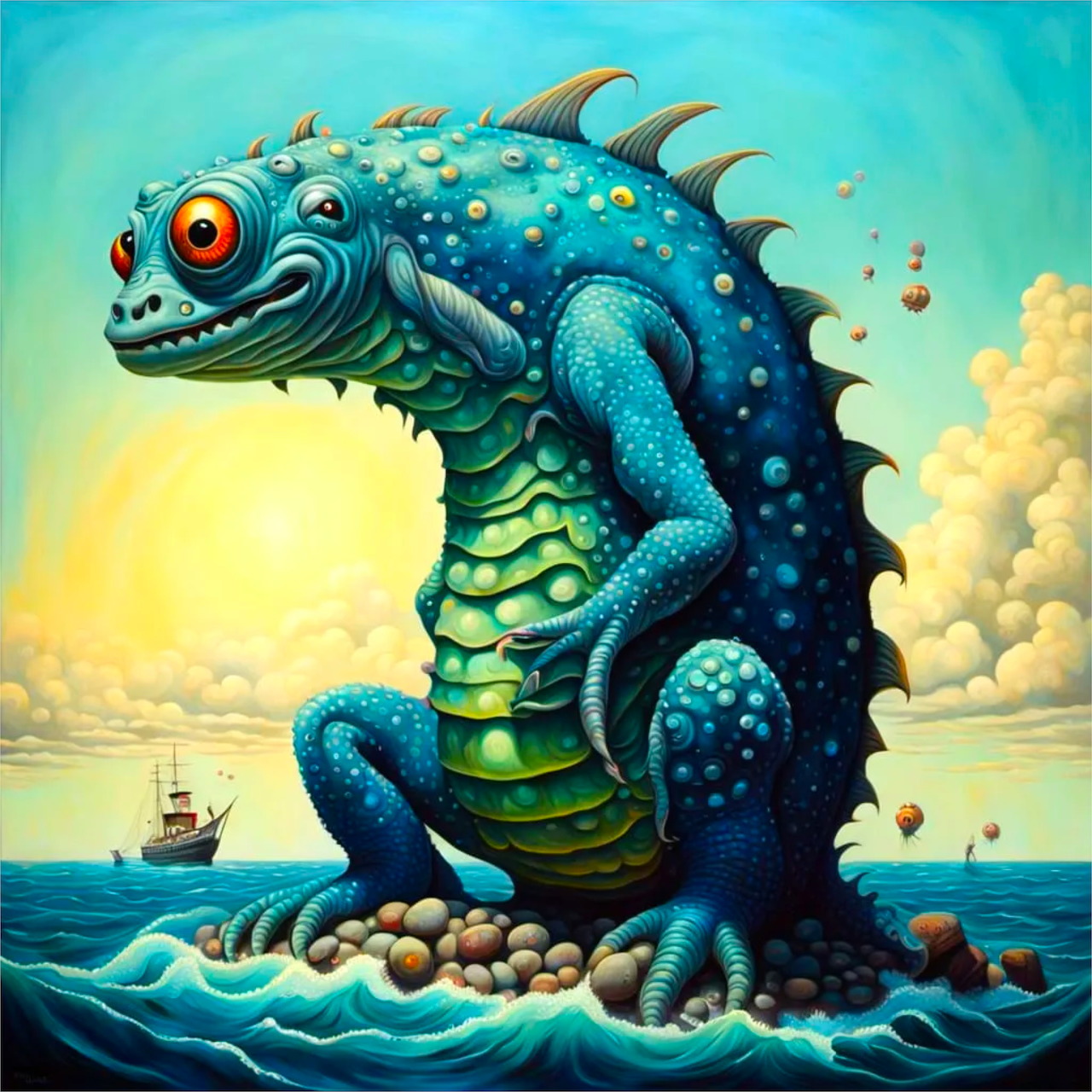 Blue sea monster with orange eyes and spikes standing on rocky island in ocean with sailing ship