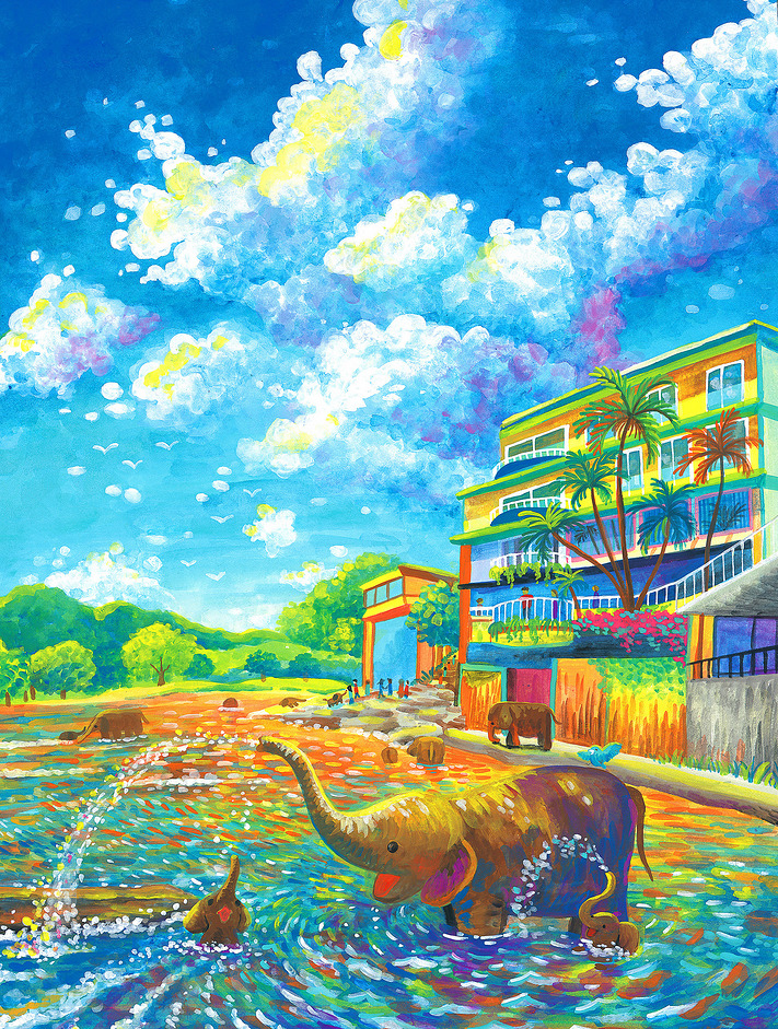 Colorful painting of elephant in lake with buildings and bright clouds