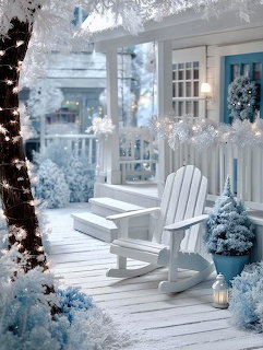 White porch with rocking chair, frosted Christmas trees, blue ornaments, and snow-covered decorations