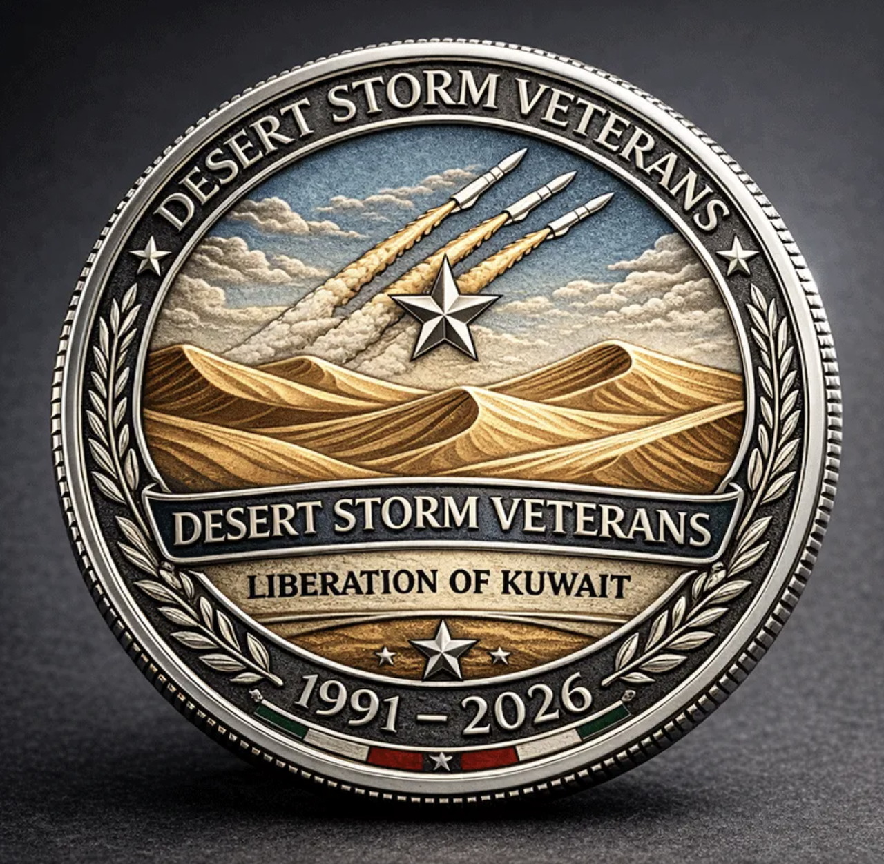 Round Desert Storm Veterans commemorative coin with jets, desert dunes, and 1991–2026 text