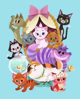 Illustrated collection of cartoon Disney cat characters in a stacked group arrangement on light blue background